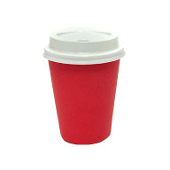 Red paper and plastic cup with white lid