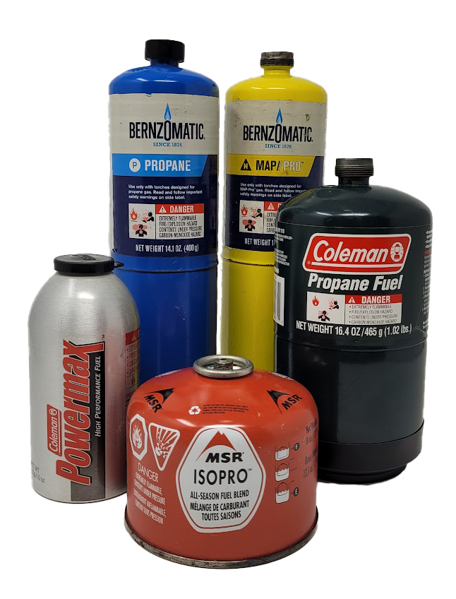 Propane fuel cans in a variety of sizes