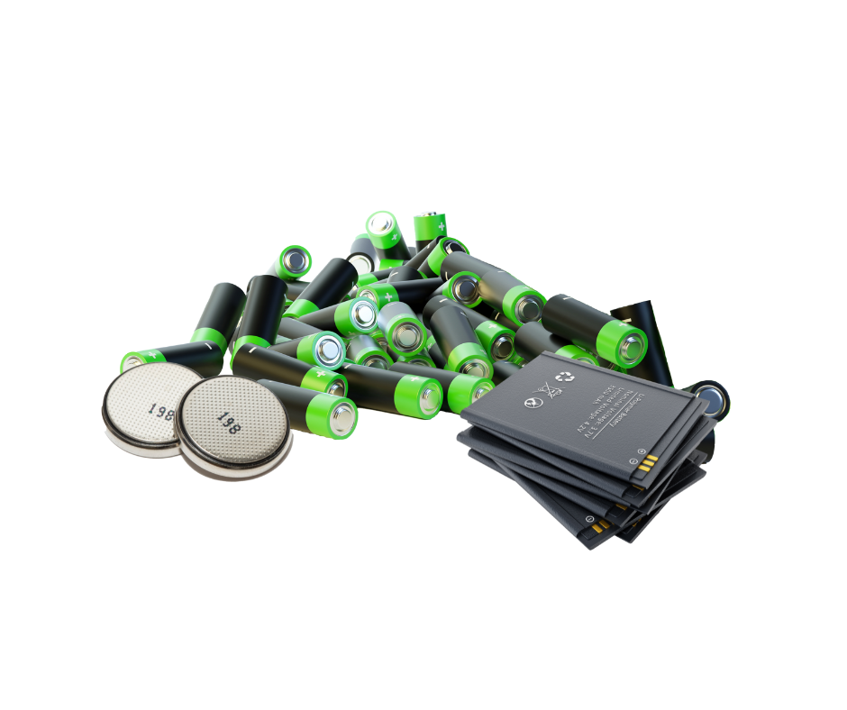 Variety of household batteries including alkaline, button batteries, and lithium-ion