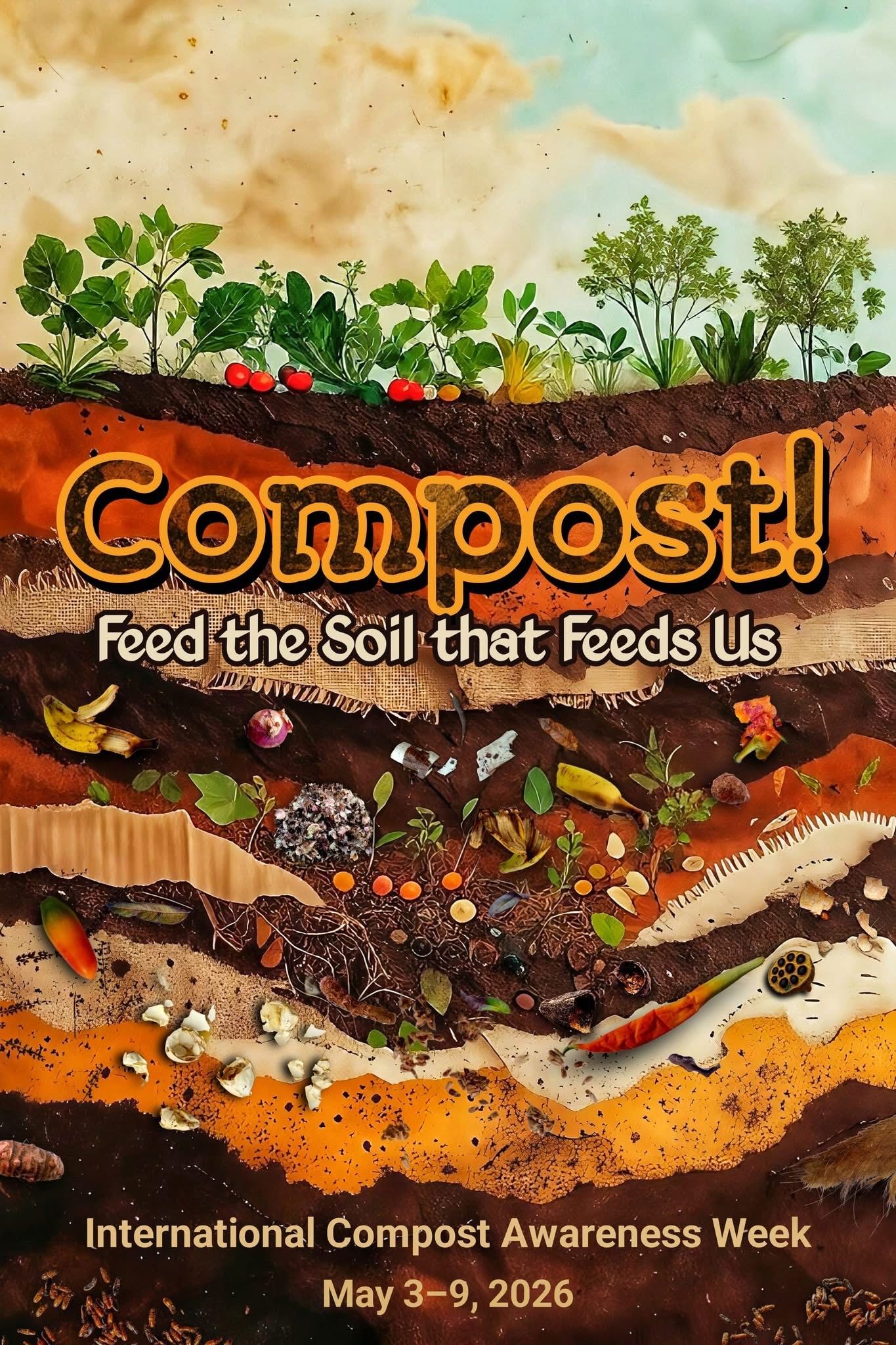 Illustrated poster with the text "Compost! Feed the Soil that Feeds Us." 